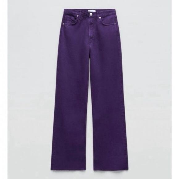 Zara NWT High-Rise Full Length Wide Leg Raw Hem Purple Denim Jeans, Size 4 - Picture 1 of 15
